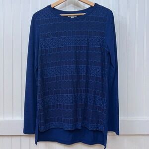 Ellen Tracy Blouse Blue Career Workwear Corpcore Eyelet Geometric Lace M‎